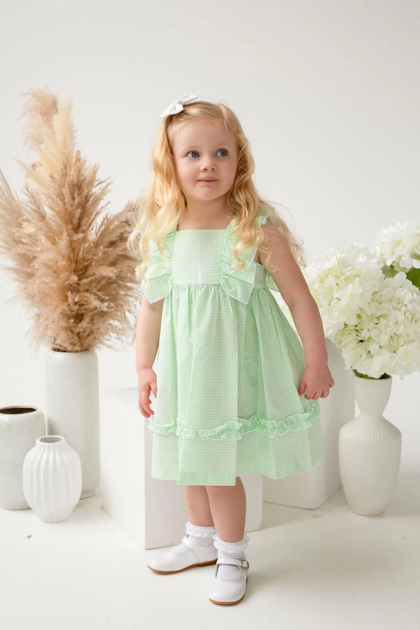 Girls Babidu Green and White Gingham Dress