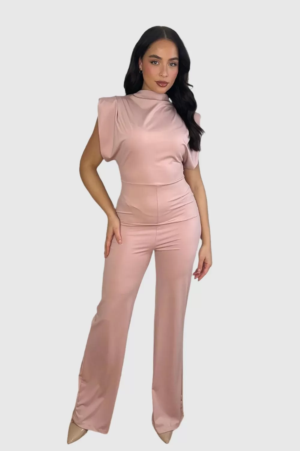 High Neck Short Sleeve Drapped Jumpsuit