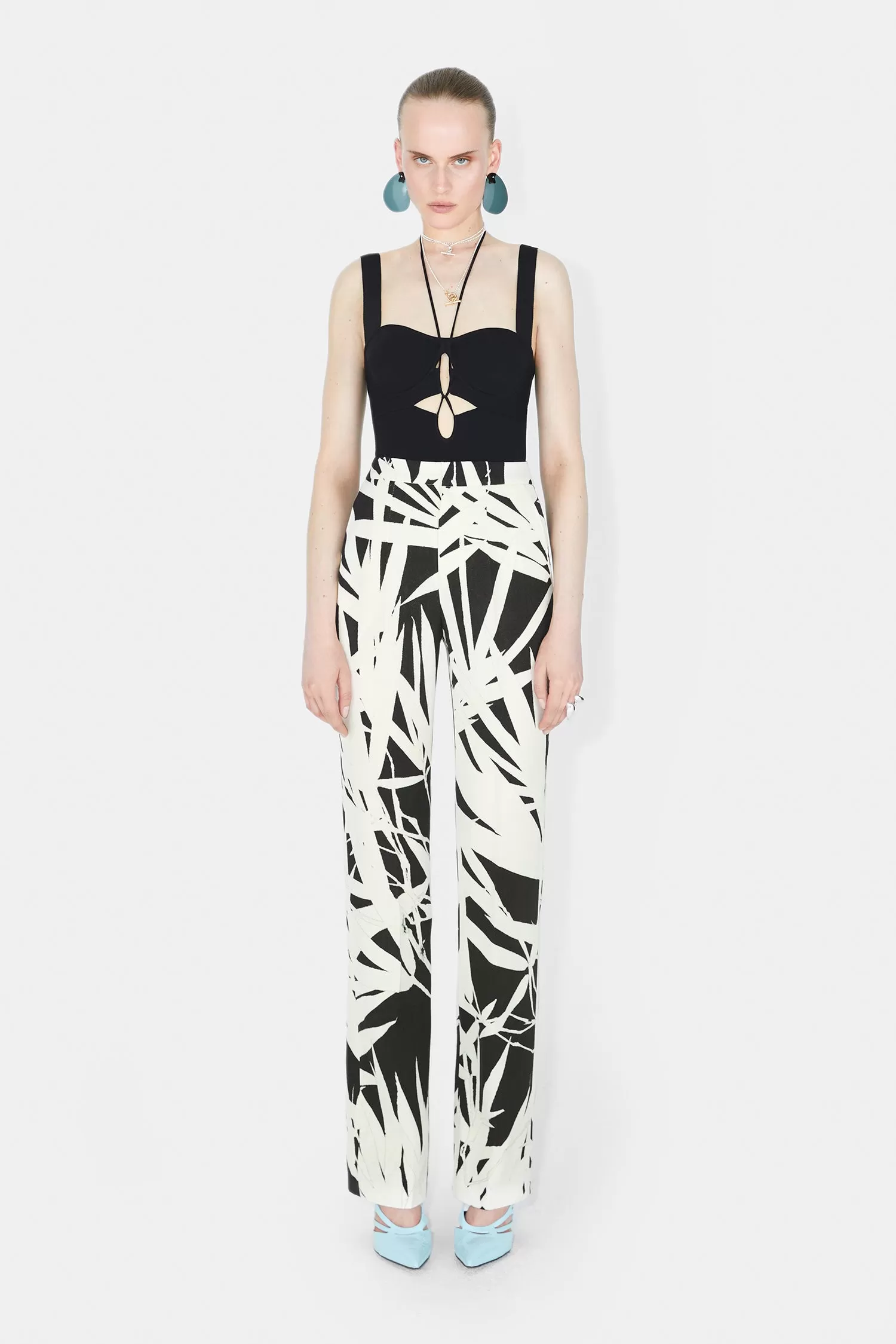 High Waisted Suit Trousers - Black Palm Print