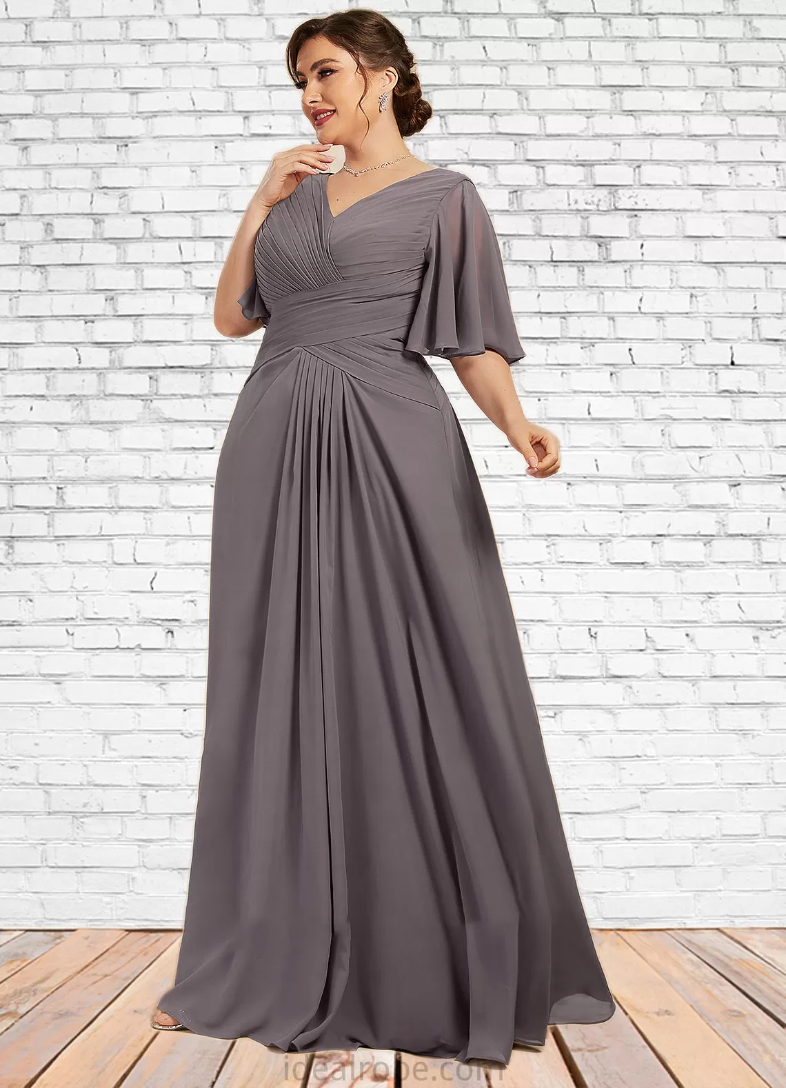 Iris A-Line V-neck Floor-Length Chiffon Mother of the Bride Dress With Ruffle STK126P0014581