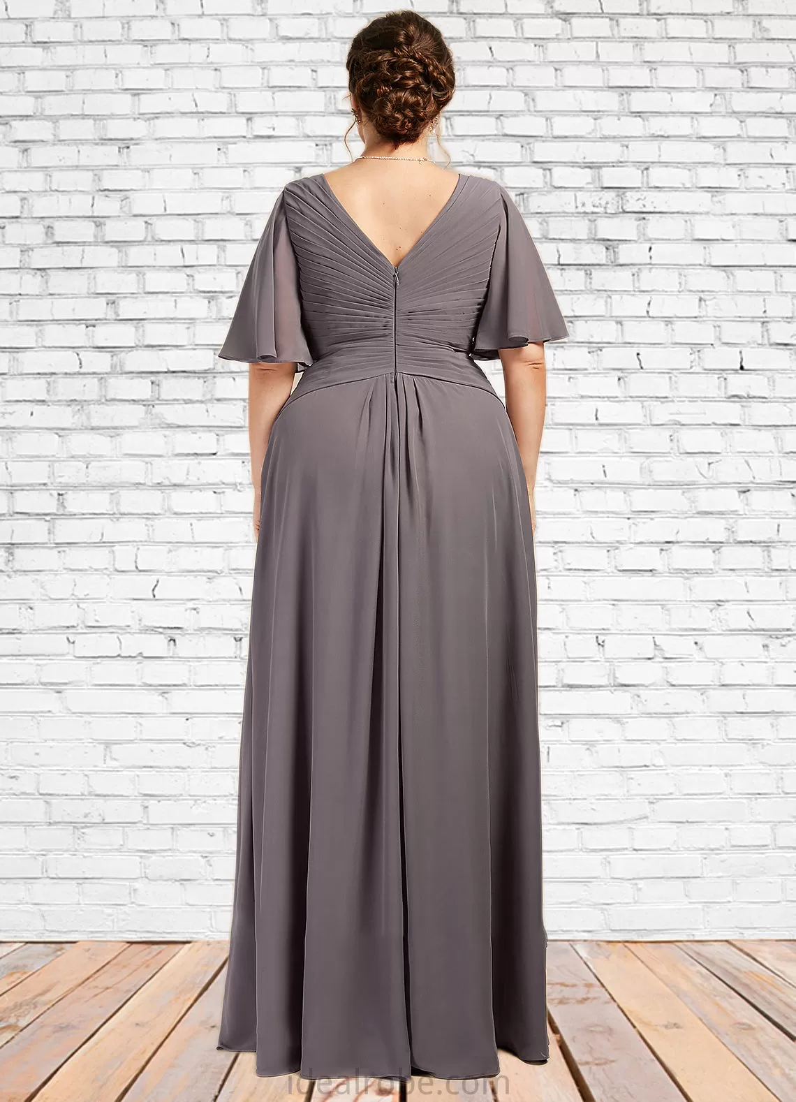 Iris A-Line V-neck Floor-Length Chiffon Mother of the Bride Dress With Ruffle STK126P0014581