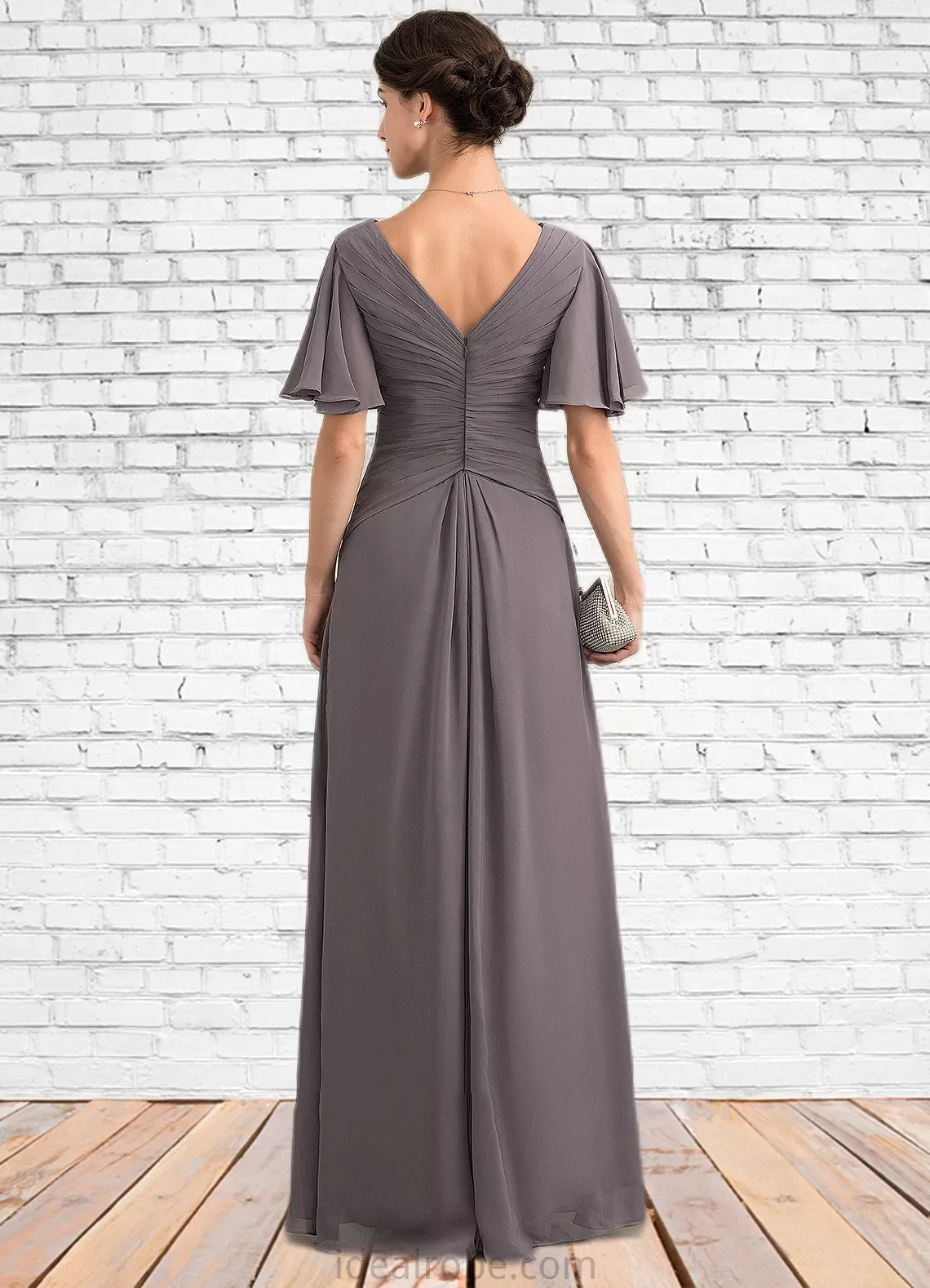 Iris A-Line V-neck Floor-Length Chiffon Mother of the Bride Dress With Ruffle STK126P0014581