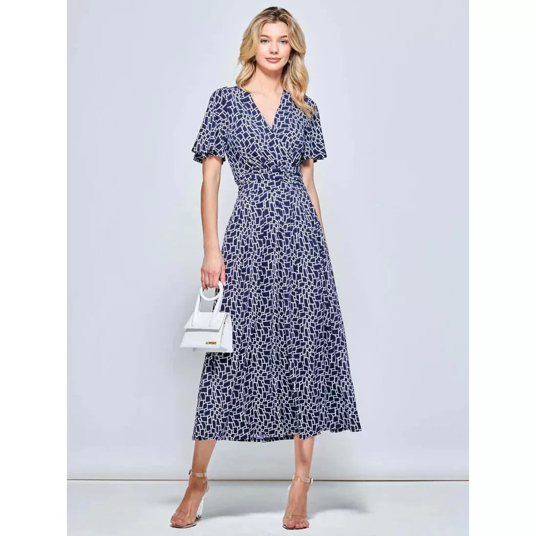 Jolie Moi Angel Sleeve Navy Geometric Print Dress