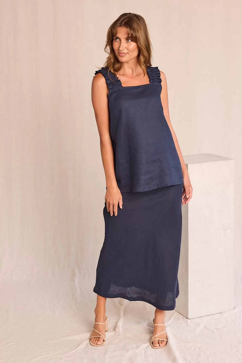 Katie Bias Cut Linen Skirt in Navy