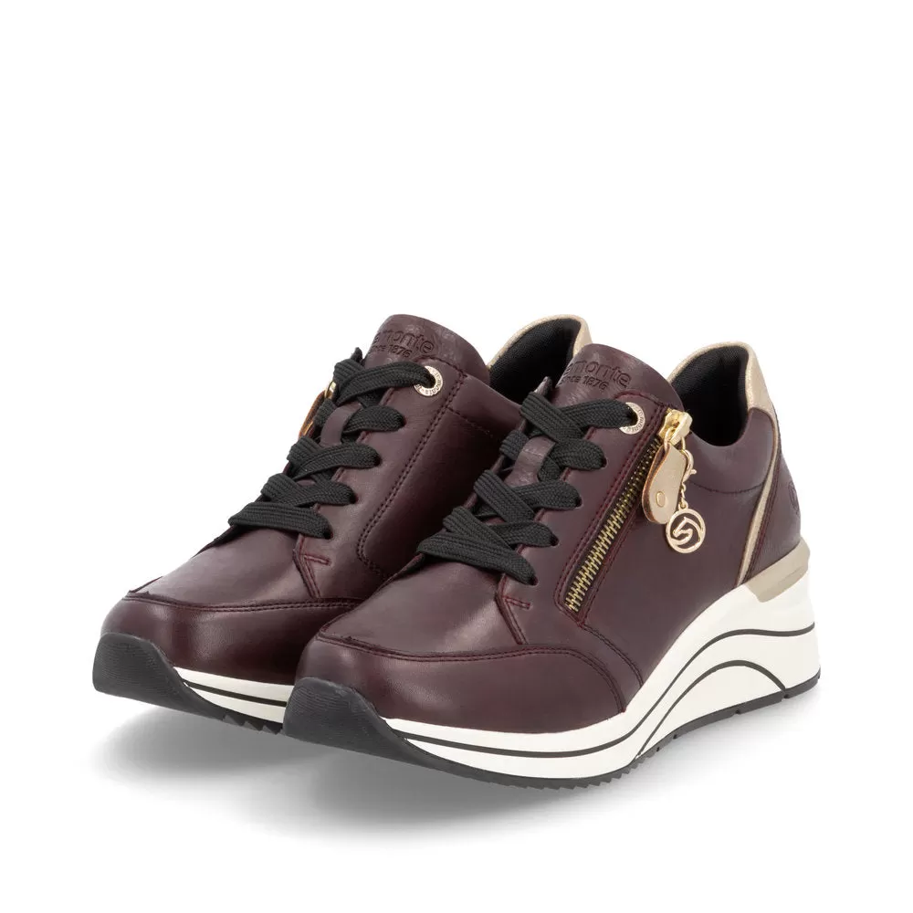 Ladies Lace Up Trainers Sneakers Burgundy Zip Wedge D0T03-35