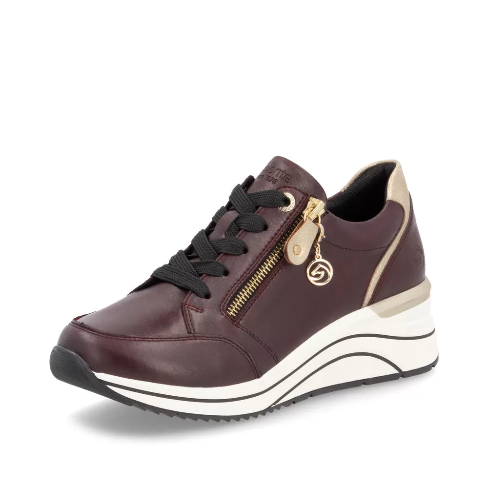 Ladies Lace Up Trainers Sneakers Burgundy Zip Wedge D0T03-35