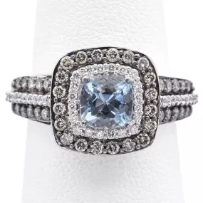 LeVian 14K White Gold Aquamarine Chocolate & White 0.95 TCW Diamond Ring Size 7