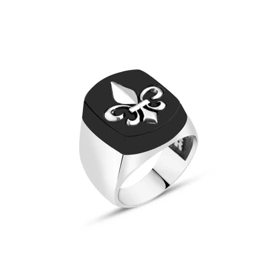 Lily Symbol on Rectangle Onyx Stone Silver Men's Ring