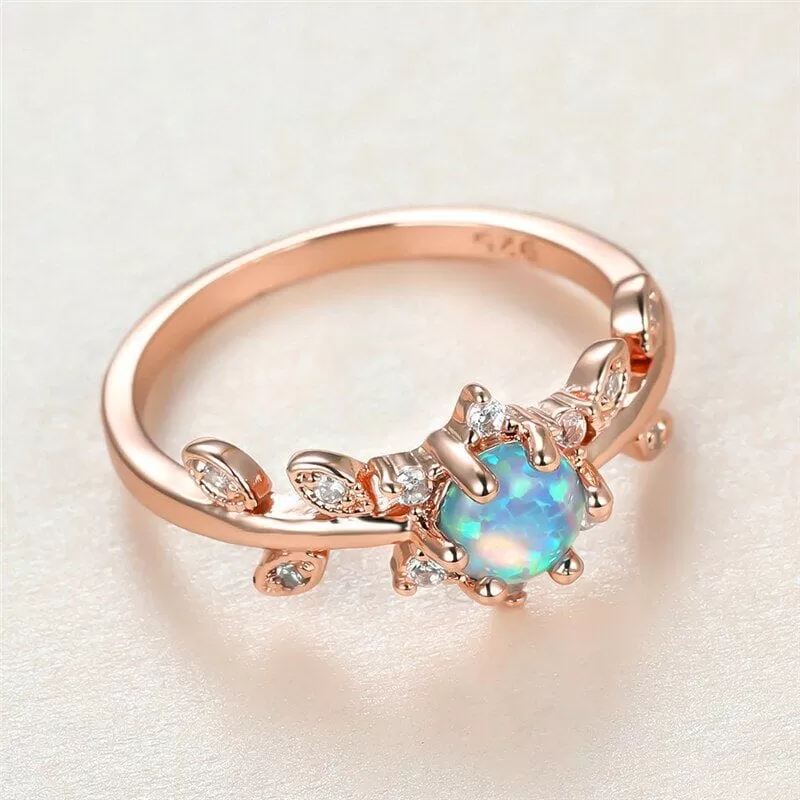 Luxury Bride Crystal Leaf White Round Opal Rose Gold Ring - 925 Sterling Silver