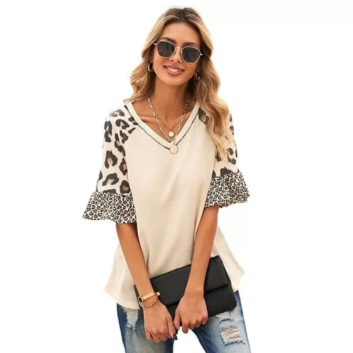 Maglia Donna Scollo V Mezza Manica Fantasia Animalier Multicolore Comoda Casual Easy