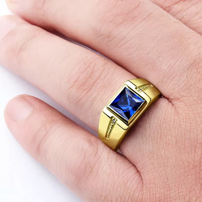 Men's 14K Yellow Gold Ring Square Sapphire and Natural Diamonds