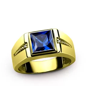 Men's 14K Yellow Gold Ring Square Sapphire and Natural Diamonds