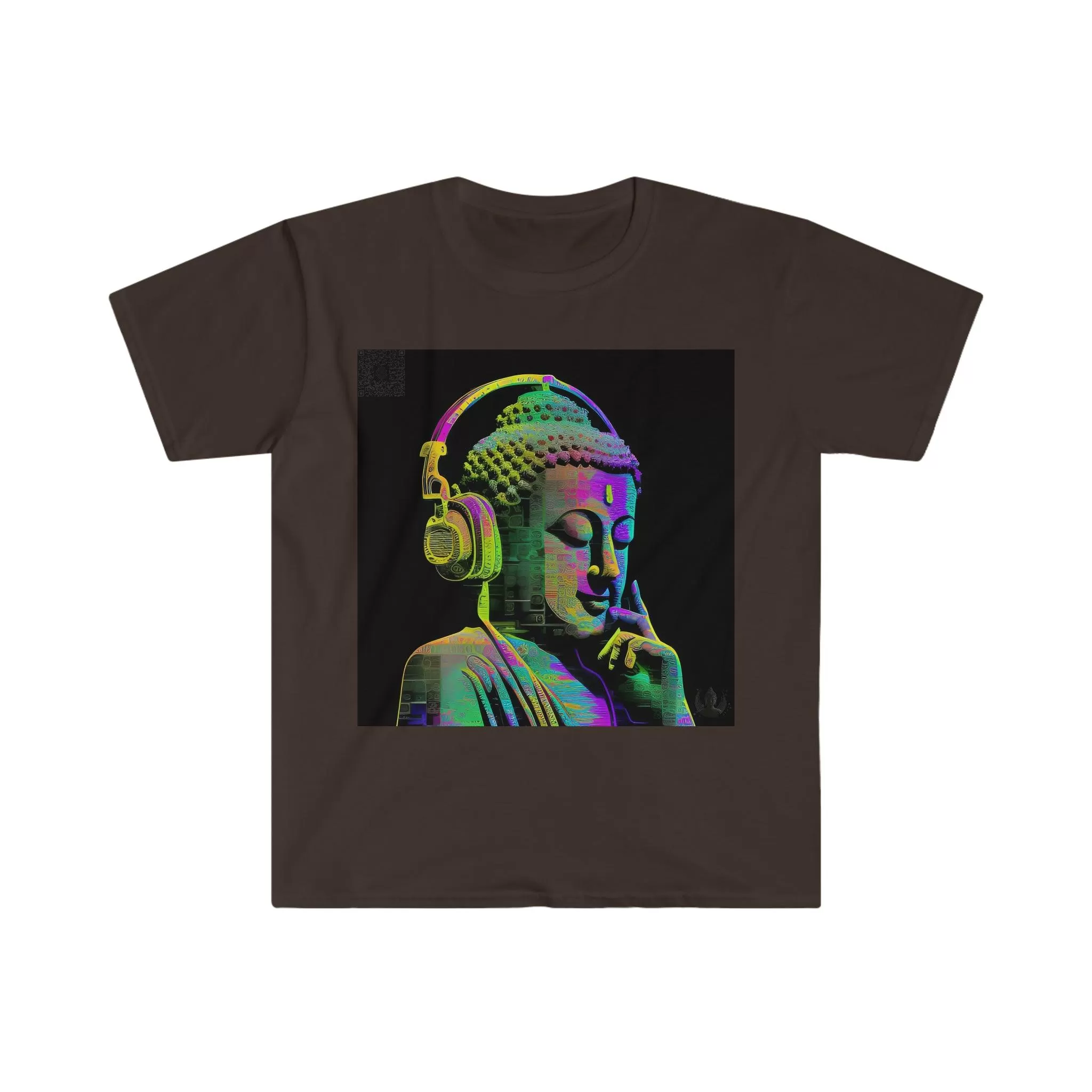 Meta Zen Future Retro V3 Statue Of A Buddha With Headphphones Subtle Smile - Ansi / Ascii / Ai Art T-shirt - Unisex Soft style - Alchemystics.Org