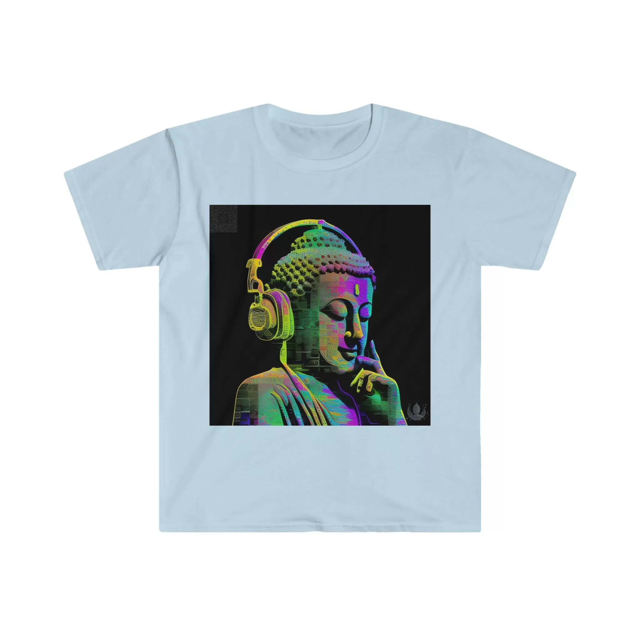 Meta Zen Future Retro V3 Statue Of A Buddha With Headphphones Subtle Smile - Ansi / Ascii / Ai Art T-shirt - Unisex Soft style - Alchemystics.Org