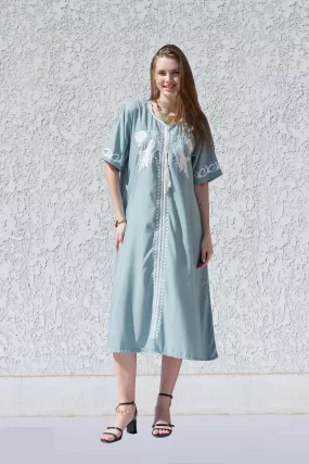 Midi light turquoise embroidered kaftan dress, Cotton caftan dress, Long sleeve caftan, Chic embroidered caftan, Egyptian cotton caftan