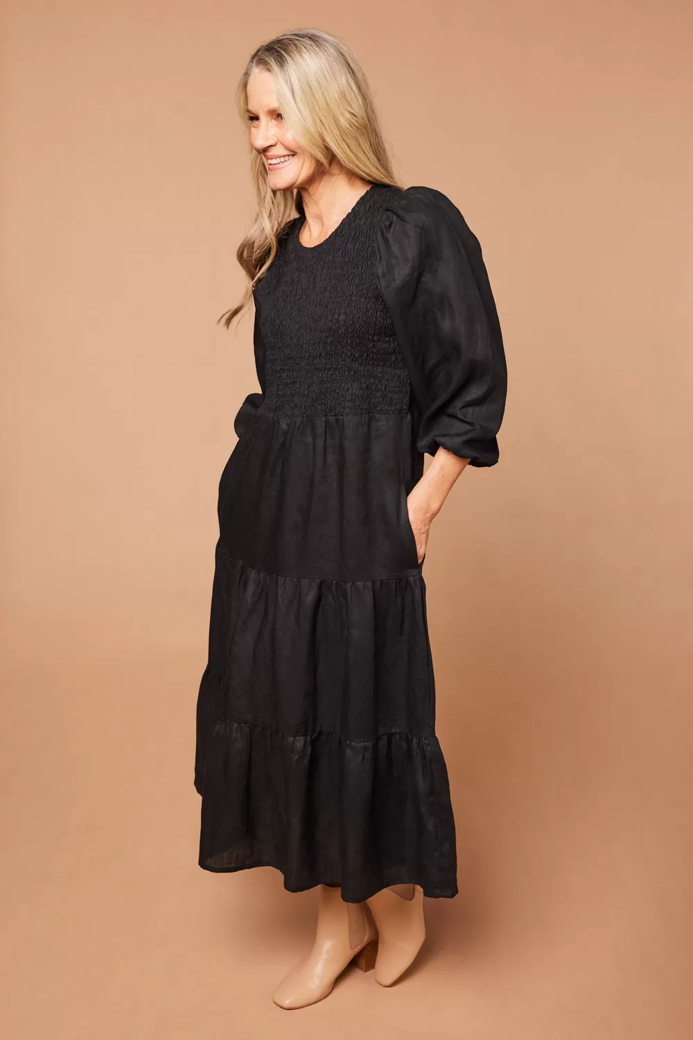 Minden Linen Long Sleeve Shirred Dress in Black