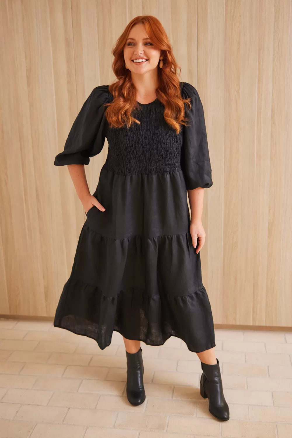 Minden Linen Long Sleeve Shirred Dress in Black