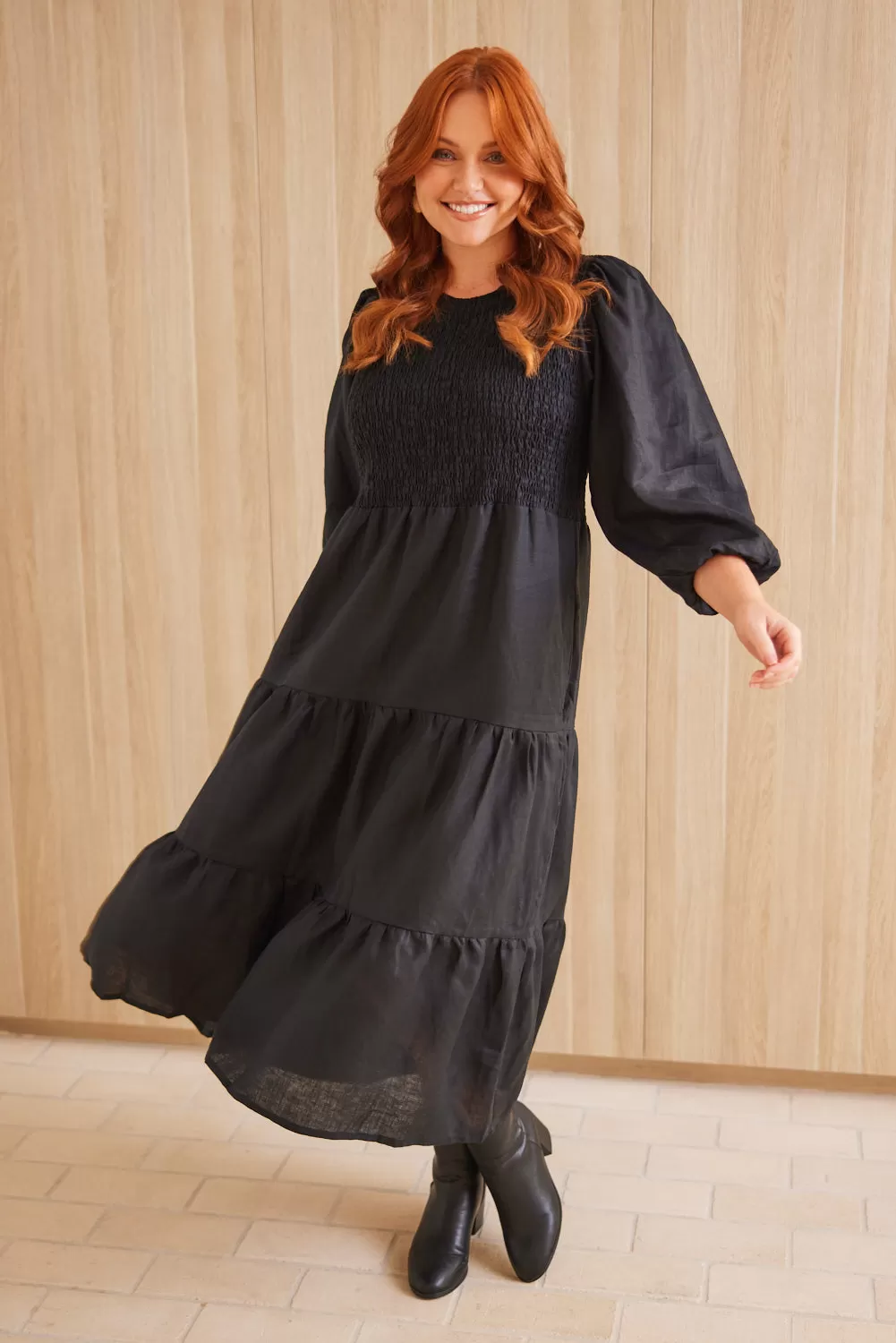 Minden Linen Long Sleeve Shirred Dress in Black