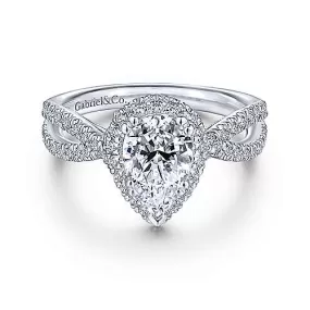 Mounting Only, 14K White Gold Pear Shape Halo Diamond Engagement Ring