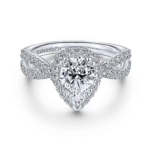 Mounting Only, 14K White Gold Pear Shape Halo Diamond Engagement Ring