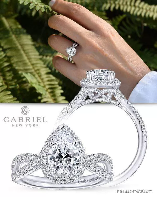 Mounting Only, 14K White Gold Pear Shape Halo Diamond Engagement Ring