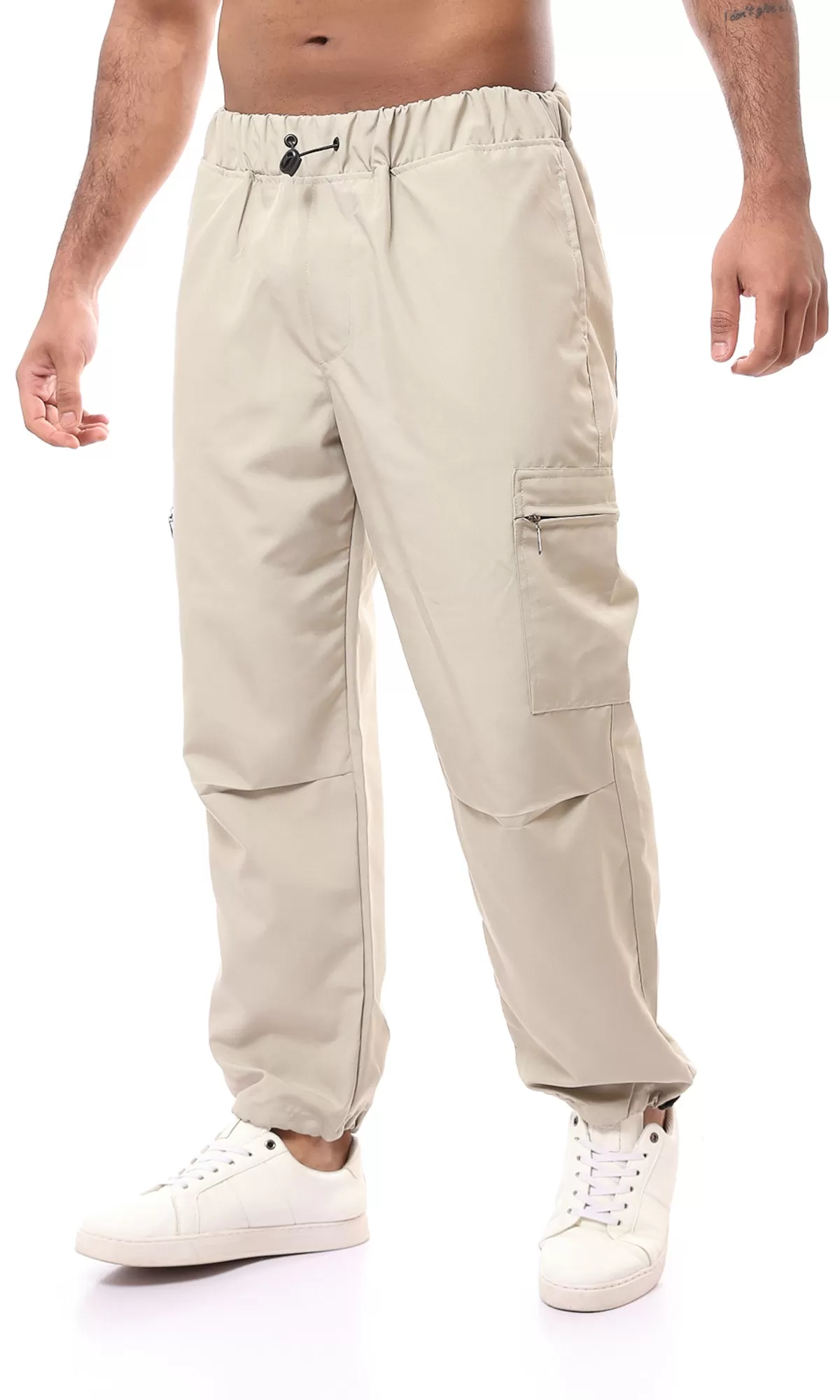 O167936 Slip On Casual Beige Pants With Adjustable Hem