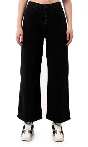 O183103 Wide Leg Solid Black Buttoned Jeans