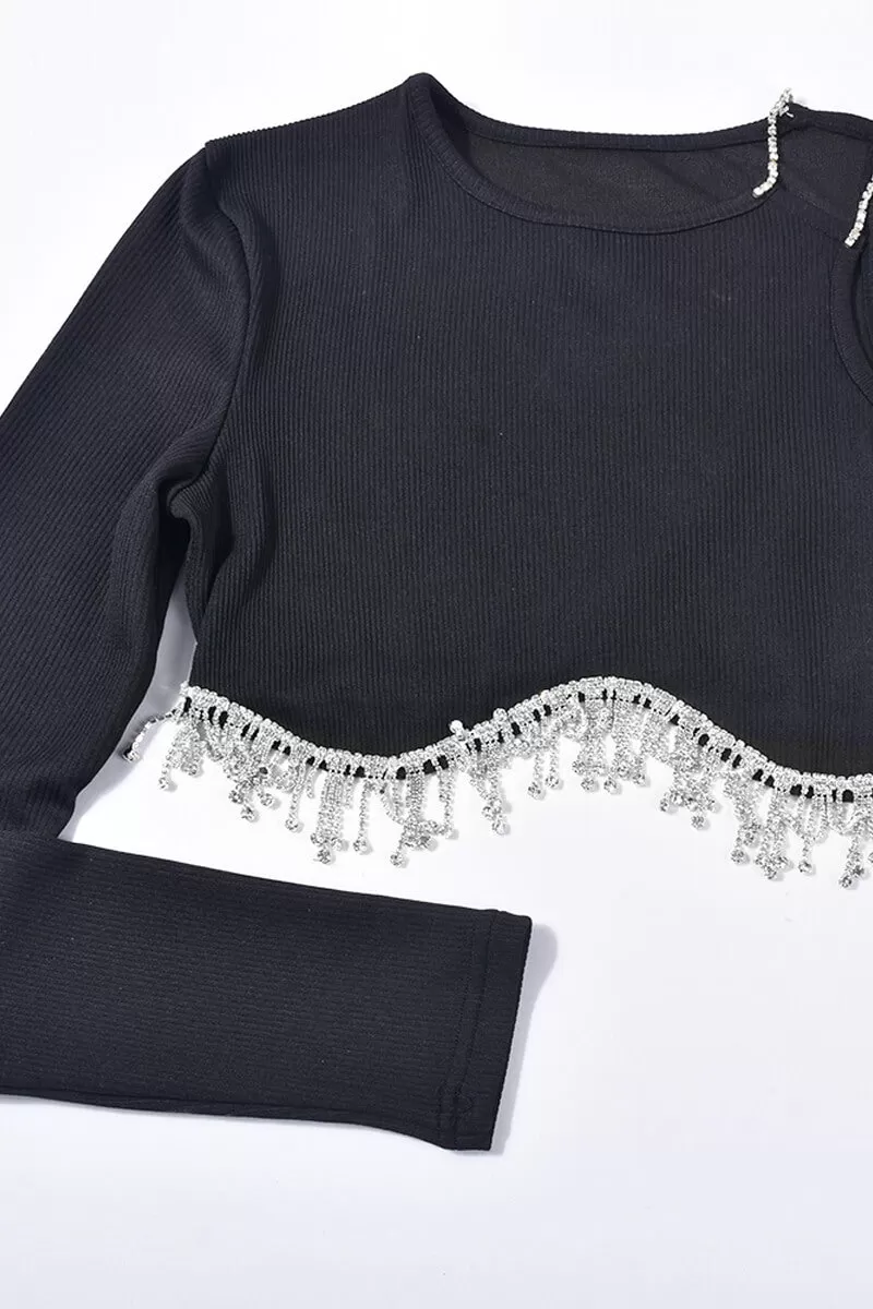 One Shoulder Rhinestone Fringe Ribbed Crop Top