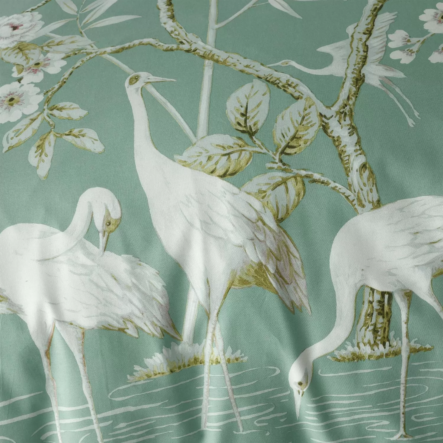 Painted Storks Cotton Duvet Cover Set - Natural / Green