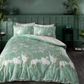 Painted Storks Cotton Duvet Cover Set - Natural / Green