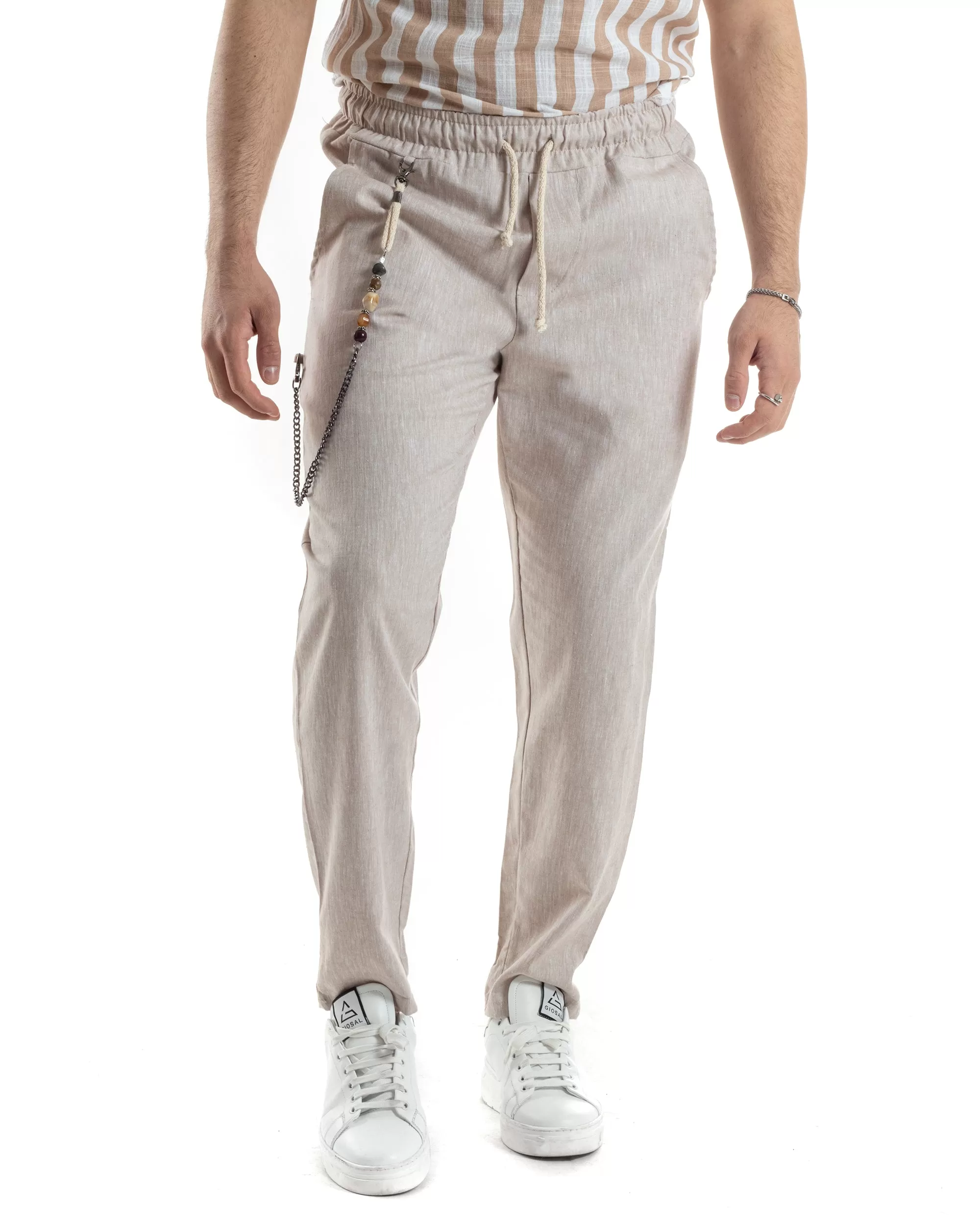 Pantaloni Uomo Pantalaccio Lino Jogger Elastico Sartoriale Casual Tinta Unita Beige Melangiato GIOSAL-P6066A