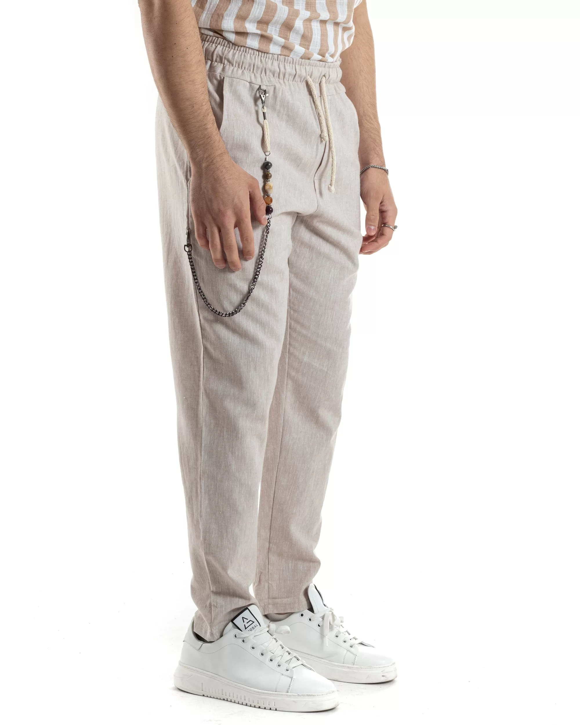 Pantaloni Uomo Pantalaccio Lino Jogger Elastico Sartoriale Casual Tinta Unita Beige Melangiato GIOSAL-P6066A