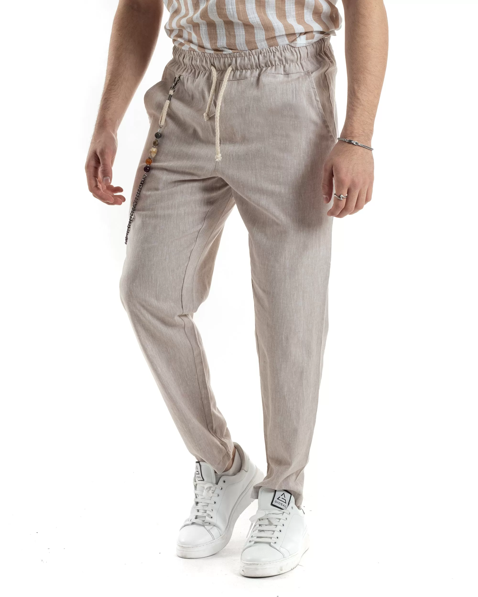 Pantaloni Uomo Pantalaccio Lino Jogger Elastico Sartoriale Casual Tinta Unita Beige Melangiato GIOSAL-P6066A