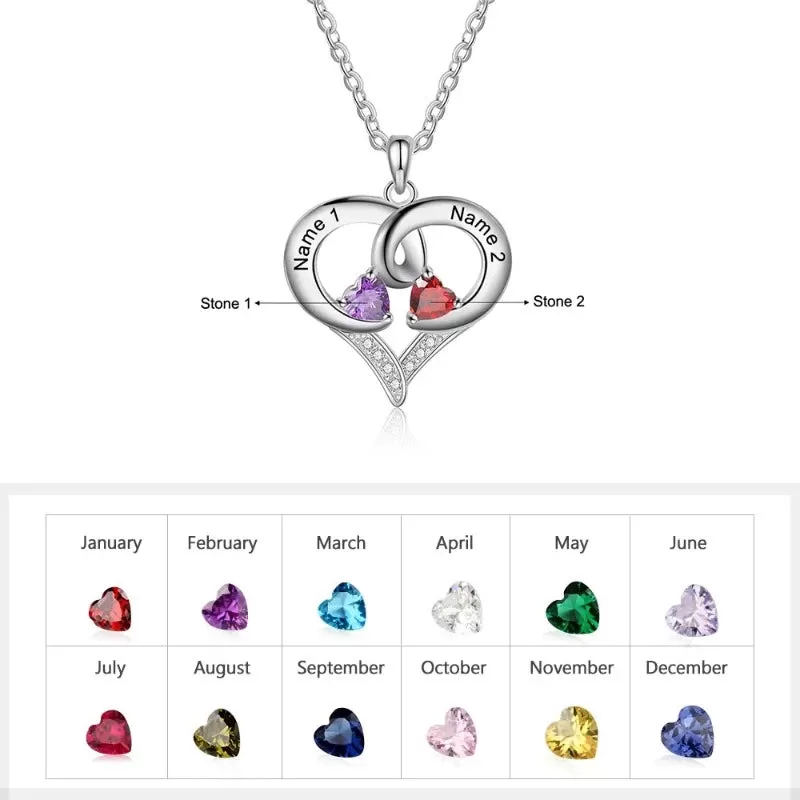 Personalized Cordate 2 Names 2 Birthstones Pendant