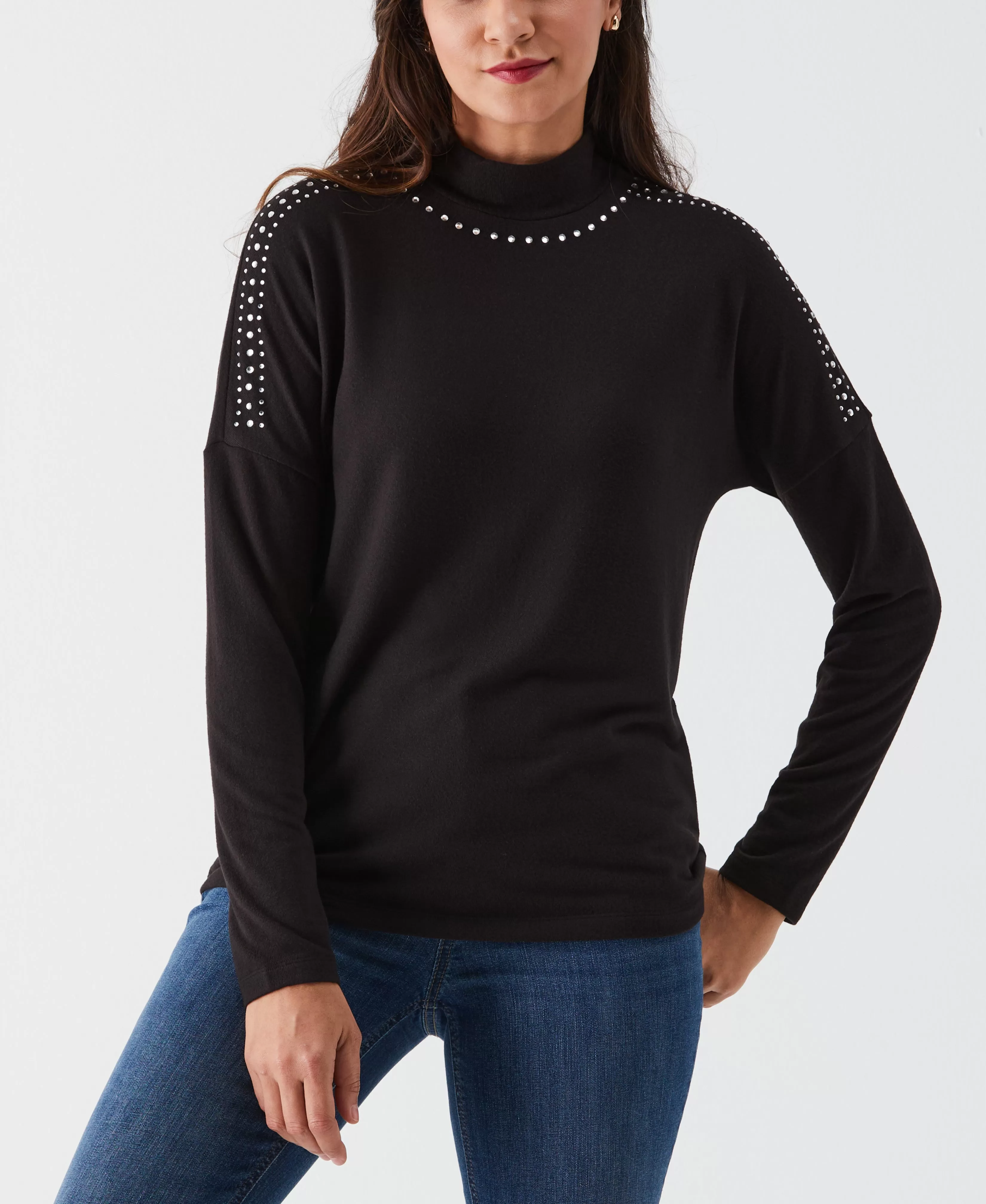 Petite Embellished Mock Neck Top