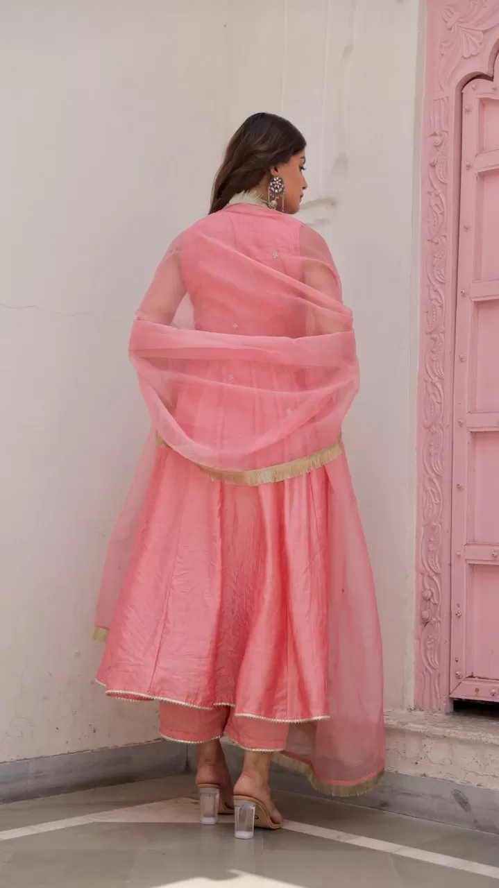 Pink Chanderi Zari work Anarkali with organza dupatta