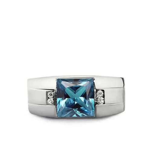 Real 14K White Gold Mens Ring Blue Aquamarine and 4 Diamond Accents Ring