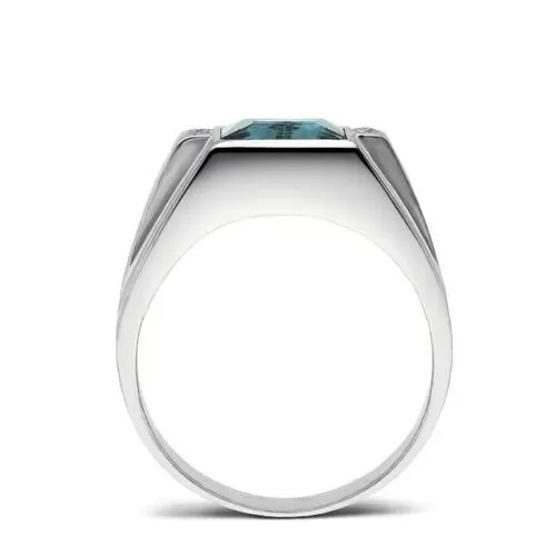 Real 14K White Gold Mens Ring Blue Aquamarine and 4 Diamond Accents Ring