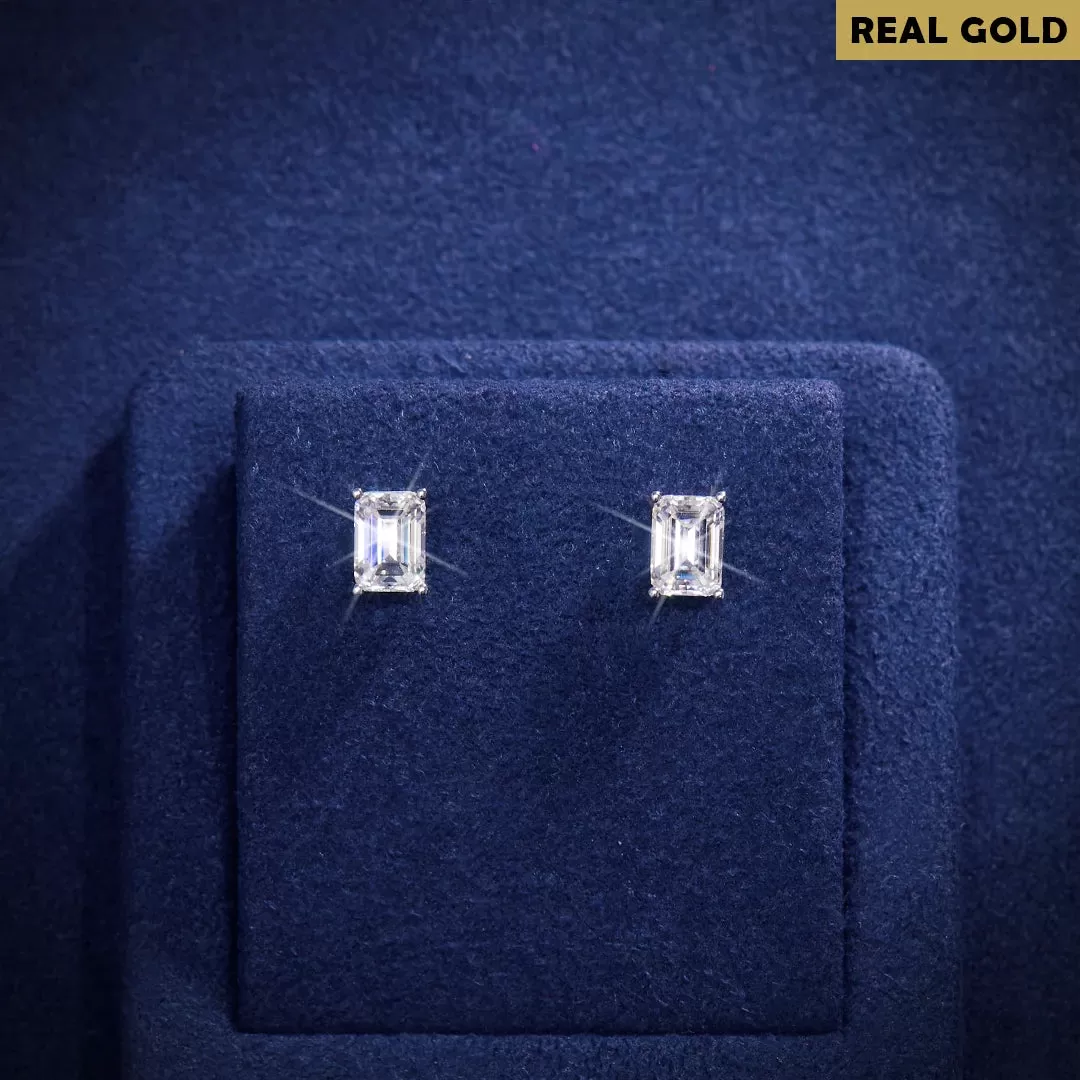 Real Gold Emerald cut Moissanite Stud Earrings