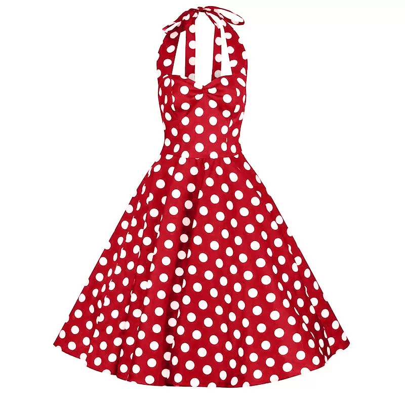 Red and White Polka Dot Rockabilly 50s Halter Swing Dress