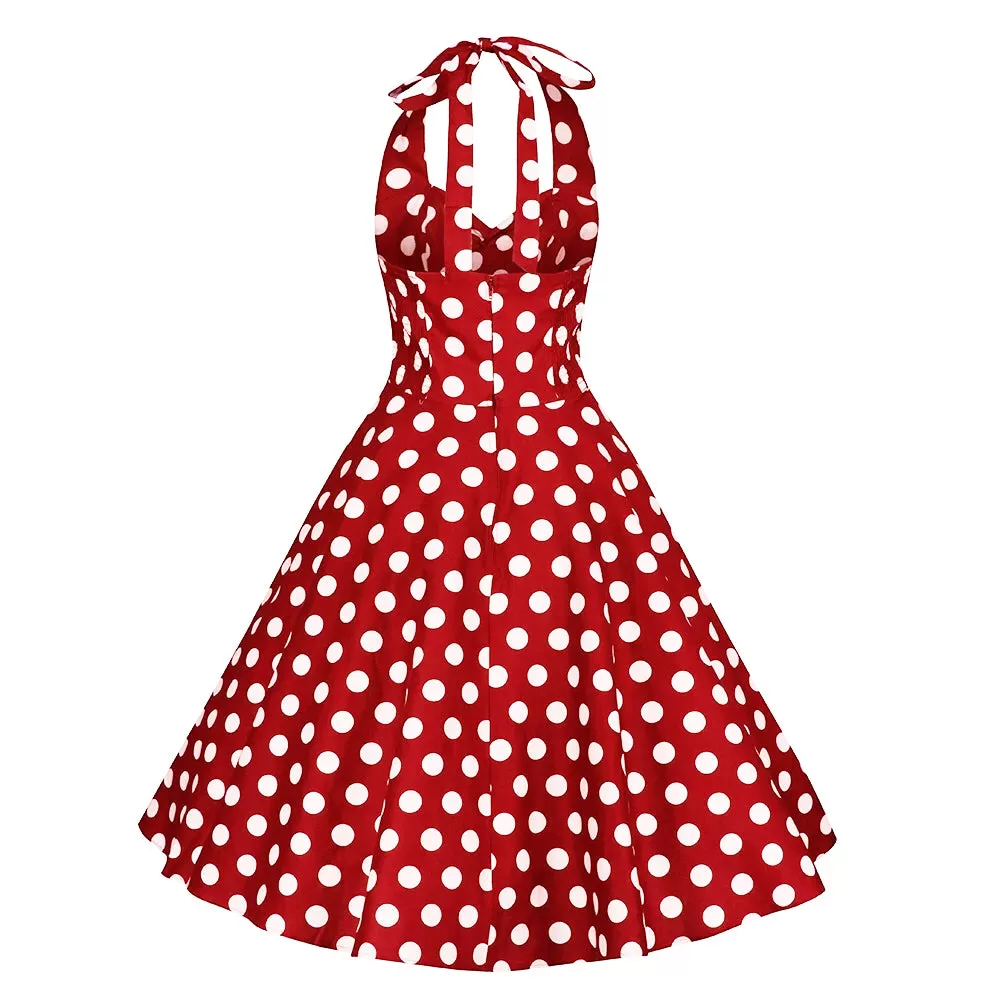 Red and White Polka Dot Rockabilly 50s Halter Swing Dress