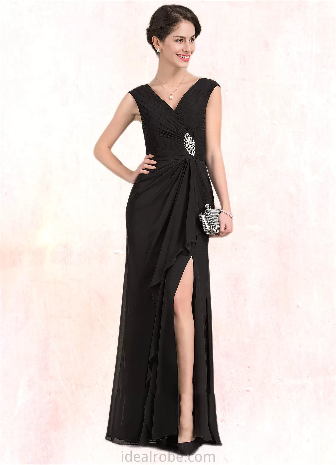 Sarah A-Line V-neck Floor-Length Chiffon Mother of the Bride Dress With Beading Split Front Cascading Ruffles STK126P0014623