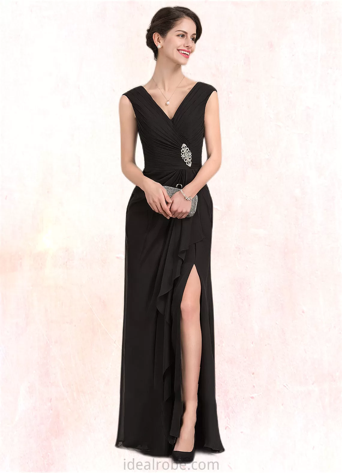 Sarah A-Line V-neck Floor-Length Chiffon Mother of the Bride Dress With Beading Split Front Cascading Ruffles STK126P0014623