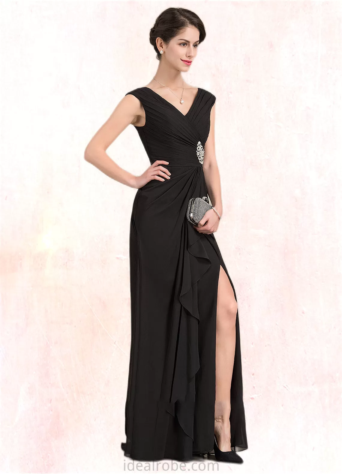 Sarah A-Line V-neck Floor-Length Chiffon Mother of the Bride Dress With Beading Split Front Cascading Ruffles STK126P0014623