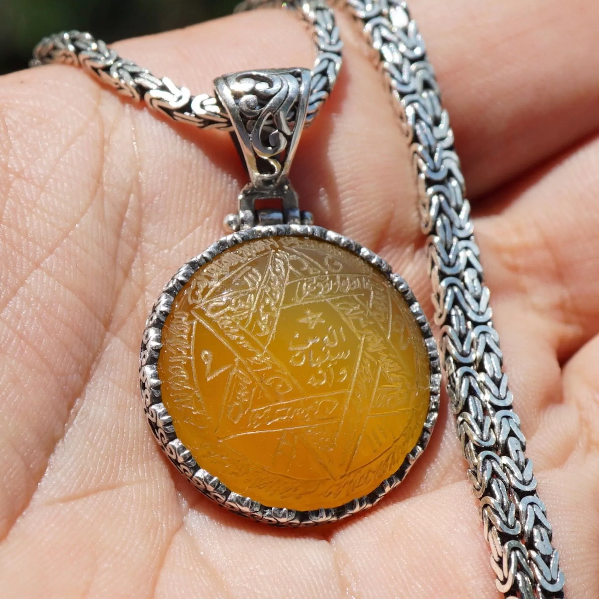 Seal of Solomon Talisman Pendant Yellow agate Zard Aqeeq 925 Silver Kings Chain