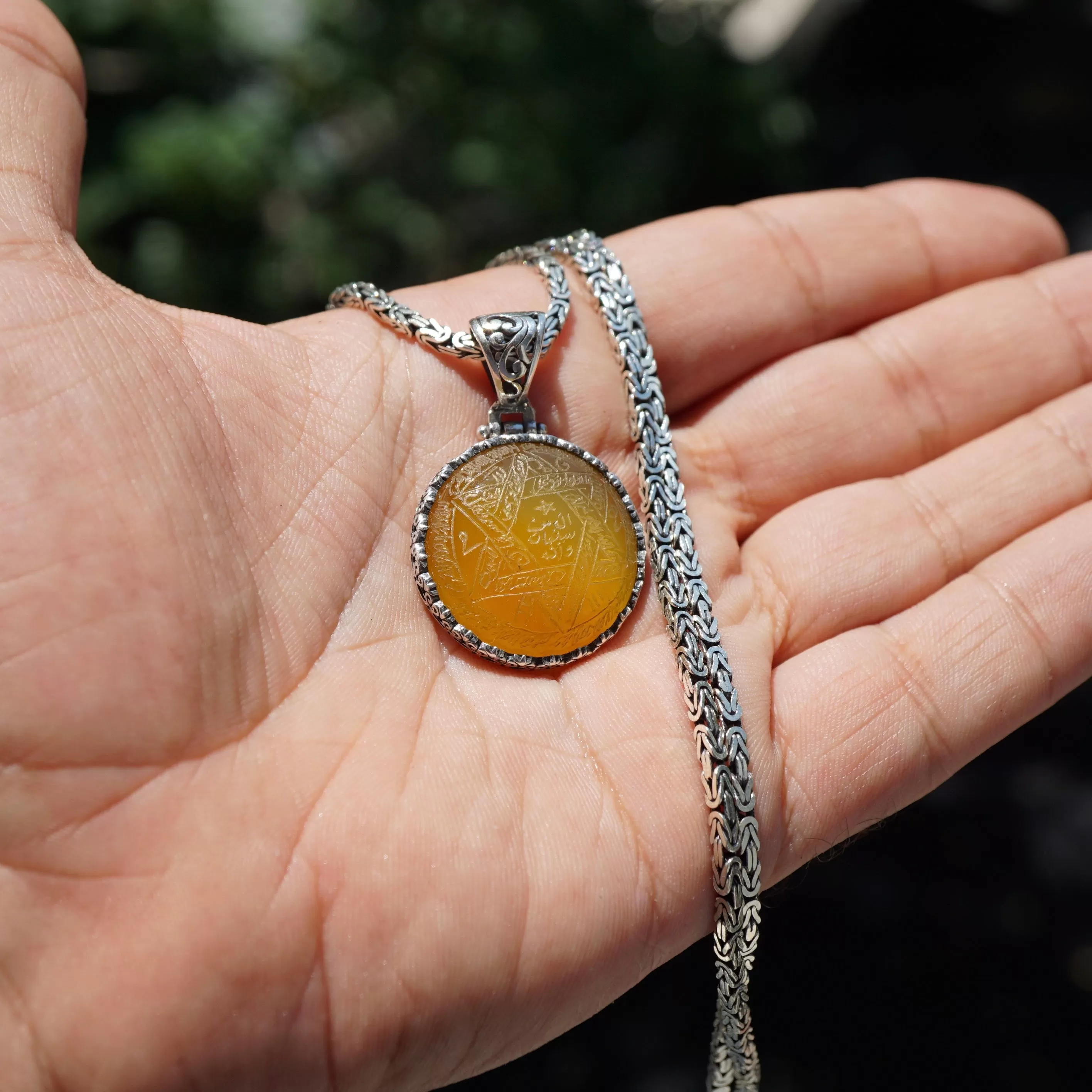 Seal of Solomon Talisman Pendant Yellow agate Zard Aqeeq 925 Silver Kings Chain