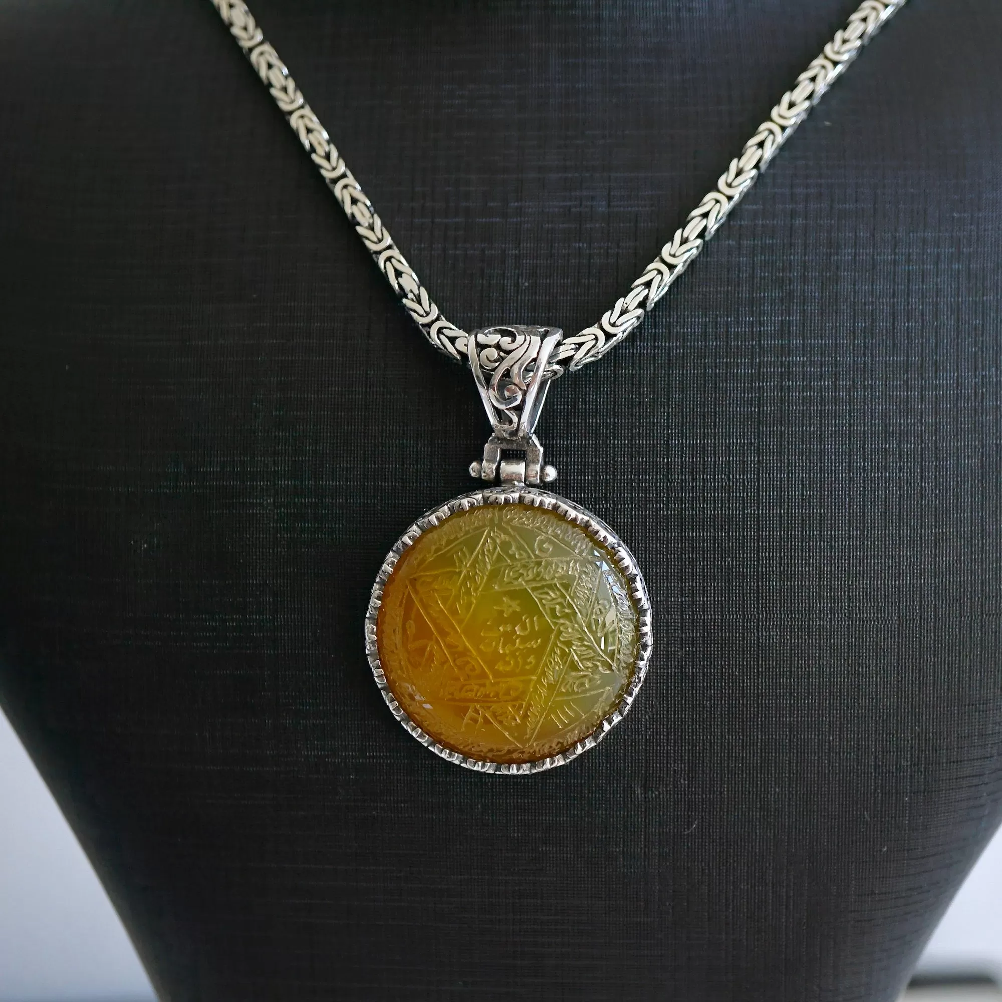 Seal of Solomon Talisman Pendant Yellow agate Zard Aqeeq 925 Silver Kings Chain