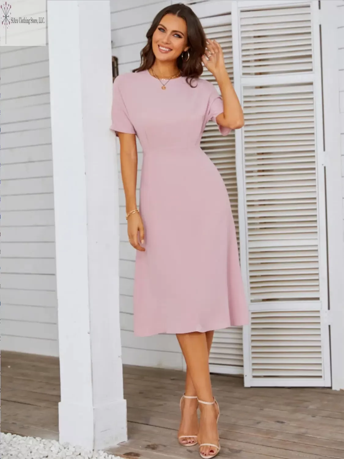 Short Sleeve Midi Dress Round Neck