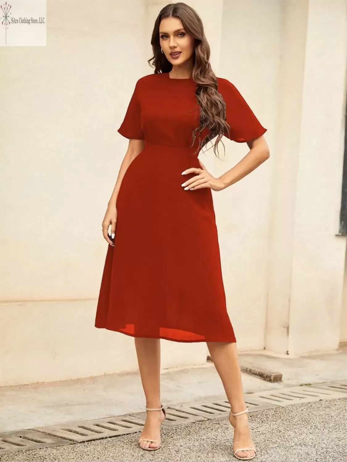 Short Sleeve Midi Dress Round Neck