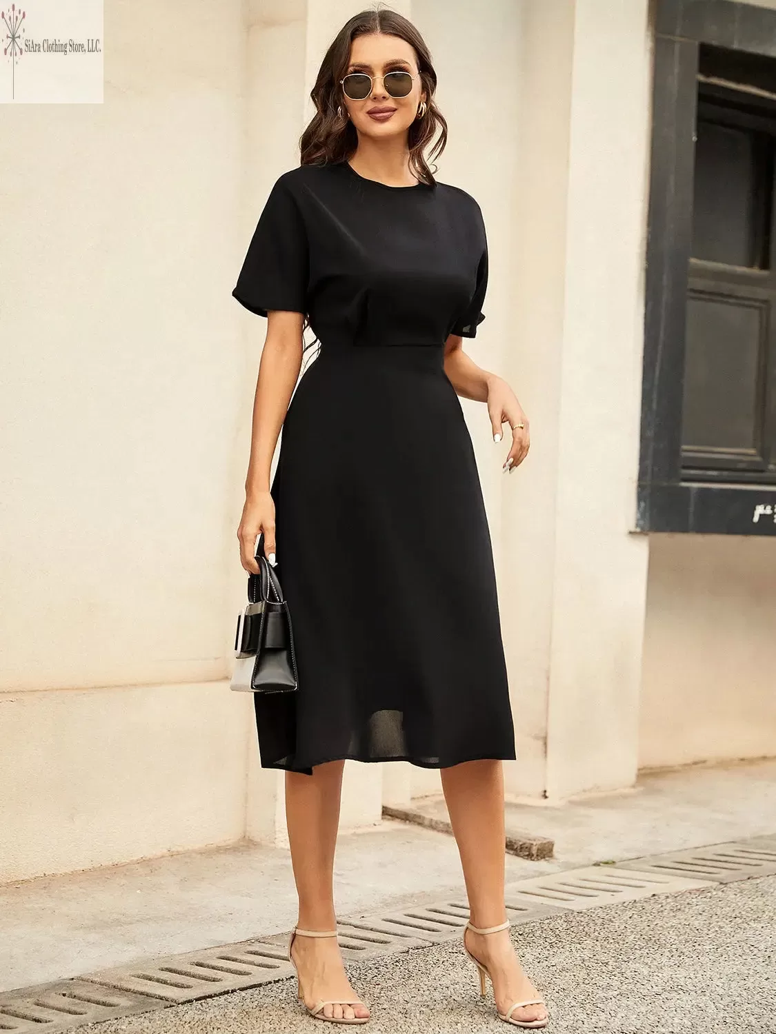 Short Sleeve Midi Dress Round Neck